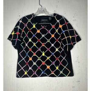 Vtg 2000 Michael Simon Black Knit Beaded Fruit Lattice Design Cardigan | Sz: XL